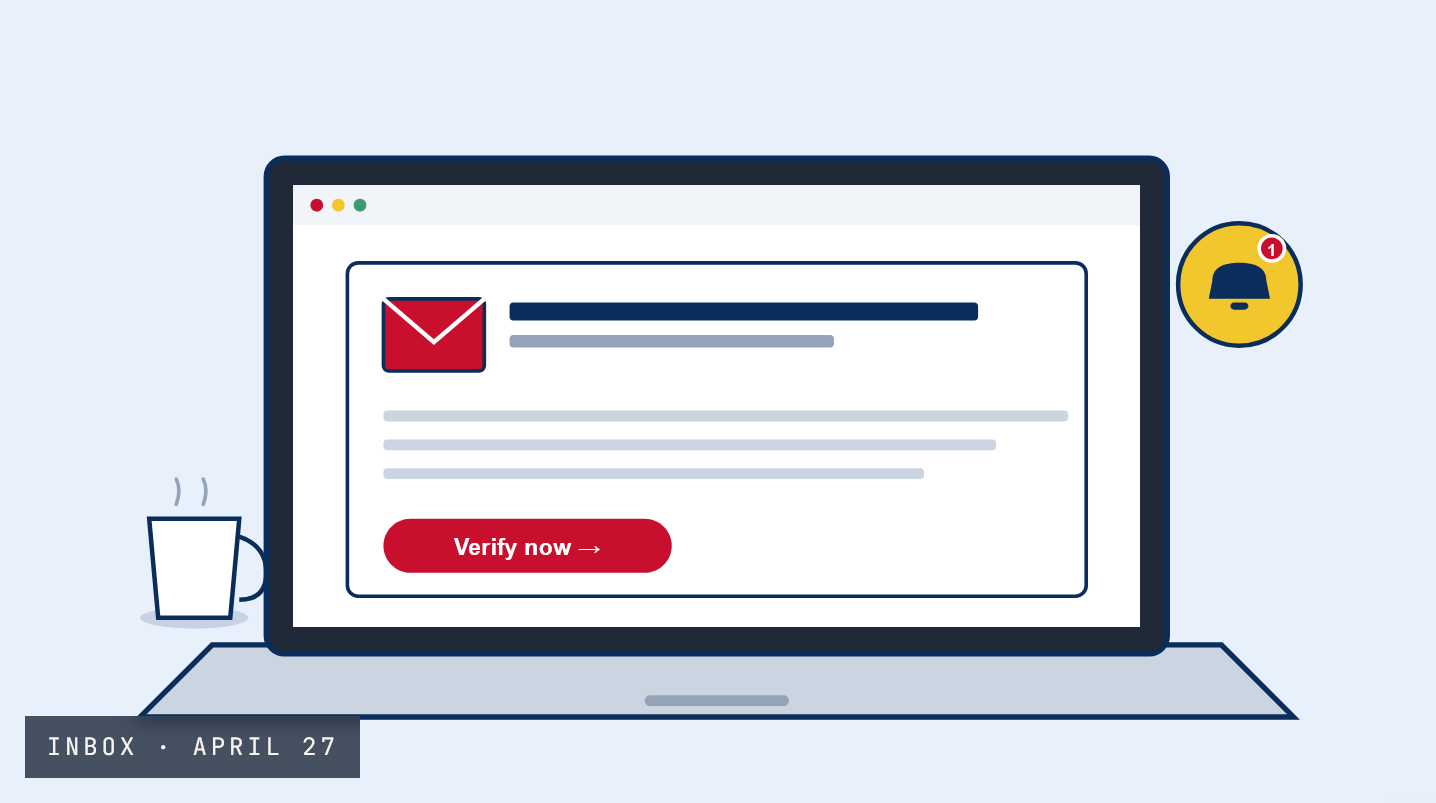Email inbox showing a verification email with a Verify now button